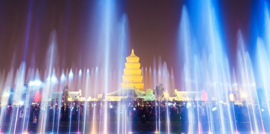 The musical fountain-lights show in front of the Giant Wild Goose Pagoda