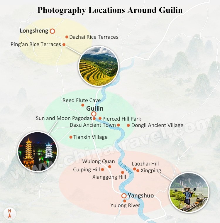 A map of recommended photography locations around Guilin