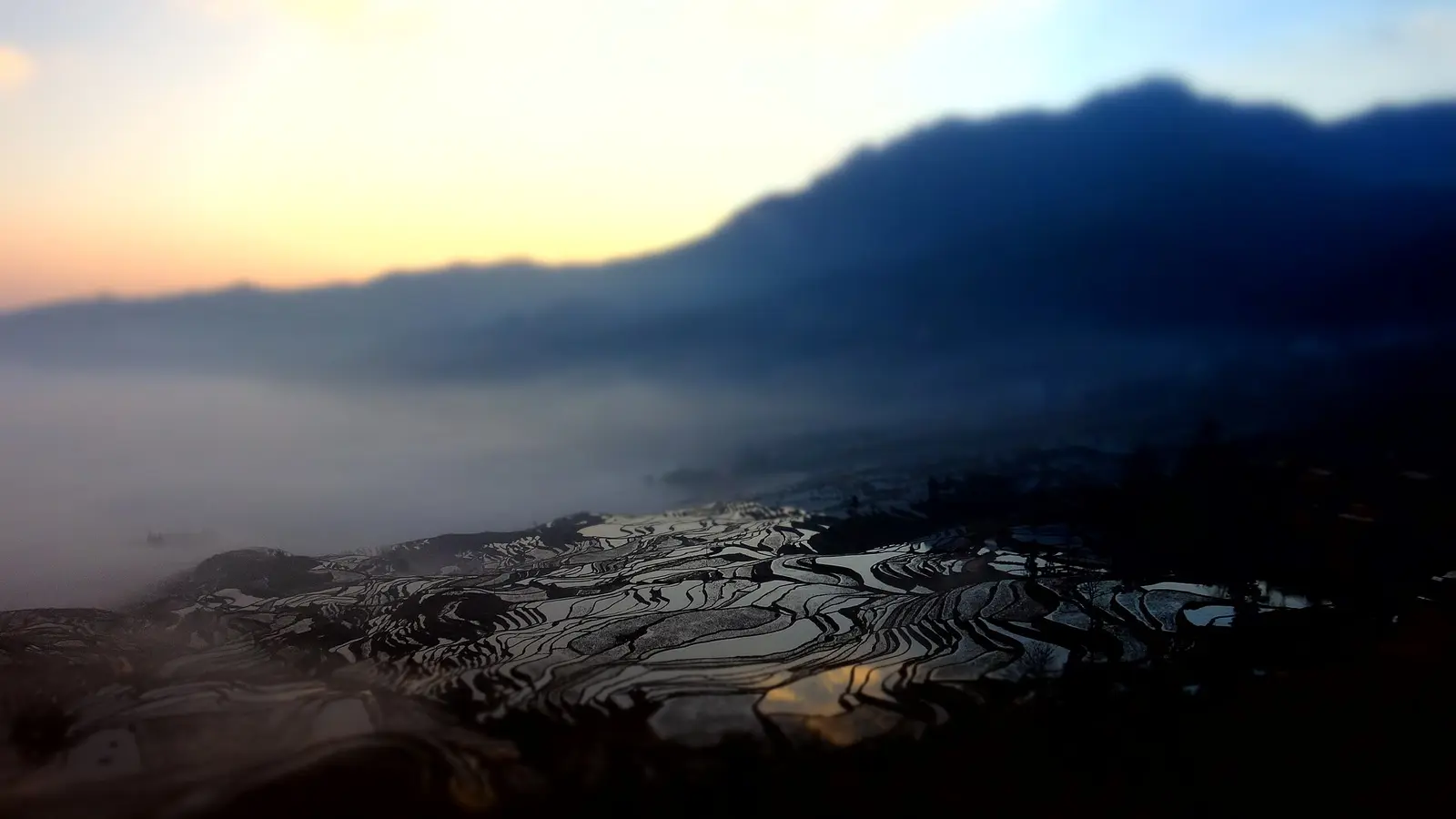 Water-filled Yuanyang Hani Rice Terraces at sunrise in southern Yunnan